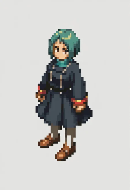 score_9, score_8_up, score_7_up, source_anime BREAK, 1girl, white background, plain background
<lora:FFT-SpritesV2-pdxl_Fp:1> looking at viewer, from side, full body, standing, solid oval eyes, no mouth, no nose, pixel art,
<lora:zs_FuukaXL:1> fuukadef, aqua hair, short hair, grey eyes, school uniform, green turtleneck, skirt, white pantyhose, gekkoukan high school uniform,