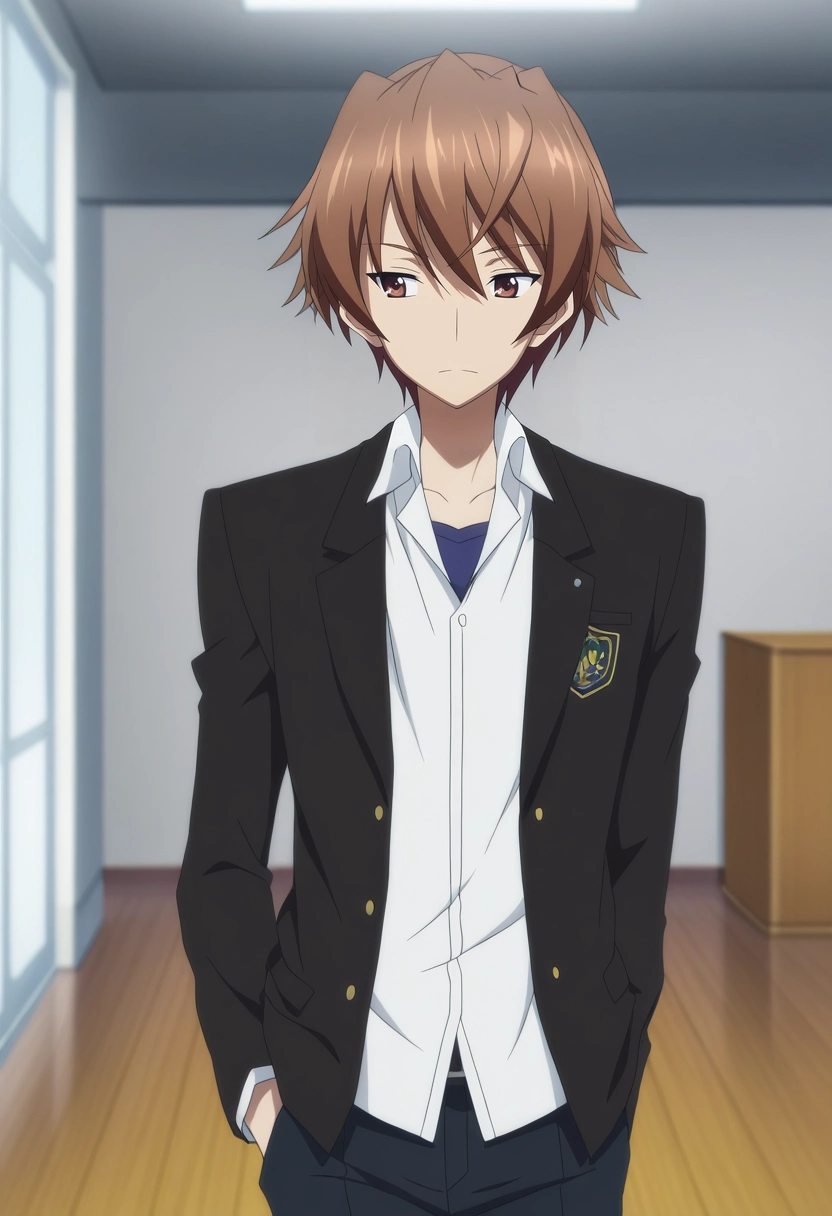 masterpiece, best quality, anime screencap, official style, anime coloring, cowboy shot, 1boy, solo, male focus, <lora:takeya_iizuka_ilxl:0.96>, takeya_iizuka, brown hair, brown eyes, short hair, ,