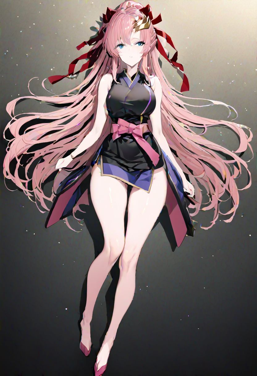 masterpiece, best quality, ultra-detailed, beautiful, nai3, 1girl, solo, full_body, tachi-e, 
lacus clyne, grey eyes, pink hair, long hair, bangs, hair ornament, japanese clothes, black sleeveless kimono, bare shoulders, red hair ribbon