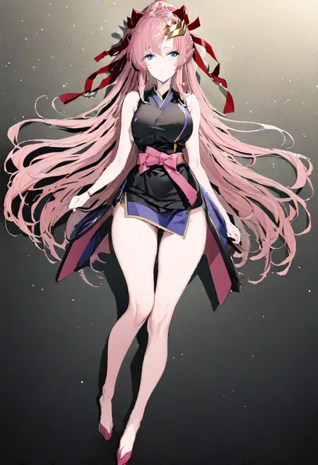 masterpiece, best quality, ultra-detailed, beautiful, nai3, 1girl, solo, full_body, tachi-e, 
lacus clyne, grey eyes, pink hair, long hair, bangs, hair ornament, japanese clothes, black sleeveless kimono, bare shoulders, red hair ribbon