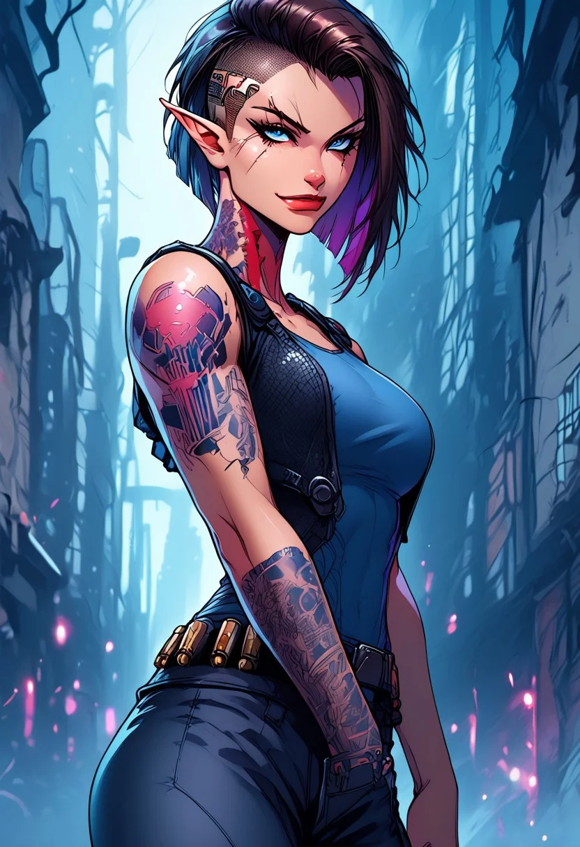 score_9, score_8_up, score_7_up, score_6_up, score_5_up, masterpiece, perfect face, perfect hands,perfect eyes, high quality,
side stance dynamic pose, (1Big scar over one eye and eyebrow down to cheek:2,0), evil look in the eyes,standing, looking at viever,
athletic build, 1dark elf girl, black brown skin color, long side cut,(long elf ears:3,0), short spiky hair, hair color mix white and copper red, breasts, (1sleeve Tattoo: 1,0) blue eyes,
cargo pants, white V cut t-shirt, (( bullet proof vest)), sneakers,
knee pads, tactical glowes, utility belt, bandolier, on neck small barcode tatto, (huge bulky cybernetics on head:3,0), steel plate on head,
smirk, cheerful, 1 silver tooth,
cybernetics only on head,
cyberpunk,
BREAK
urban sci-fi, light rays, windows, city ruins, city ruins, warzone, street, , (burning building:2,0),
ais-rmr,easynegative,