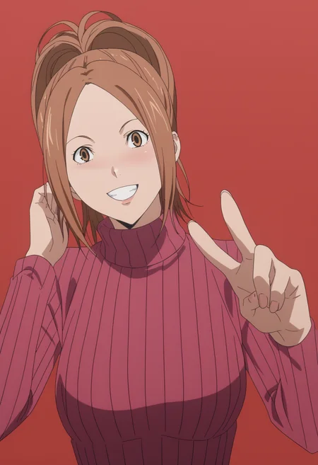 score_9, score_8_up, score_7_up, BREAK, 1girl, anime screencap , <lora:DX888Kaya:1> miyoshi kaya, brown hair, brown eyes,, ponytail, turtleneck sweater, pants, smile, red background, pastel background