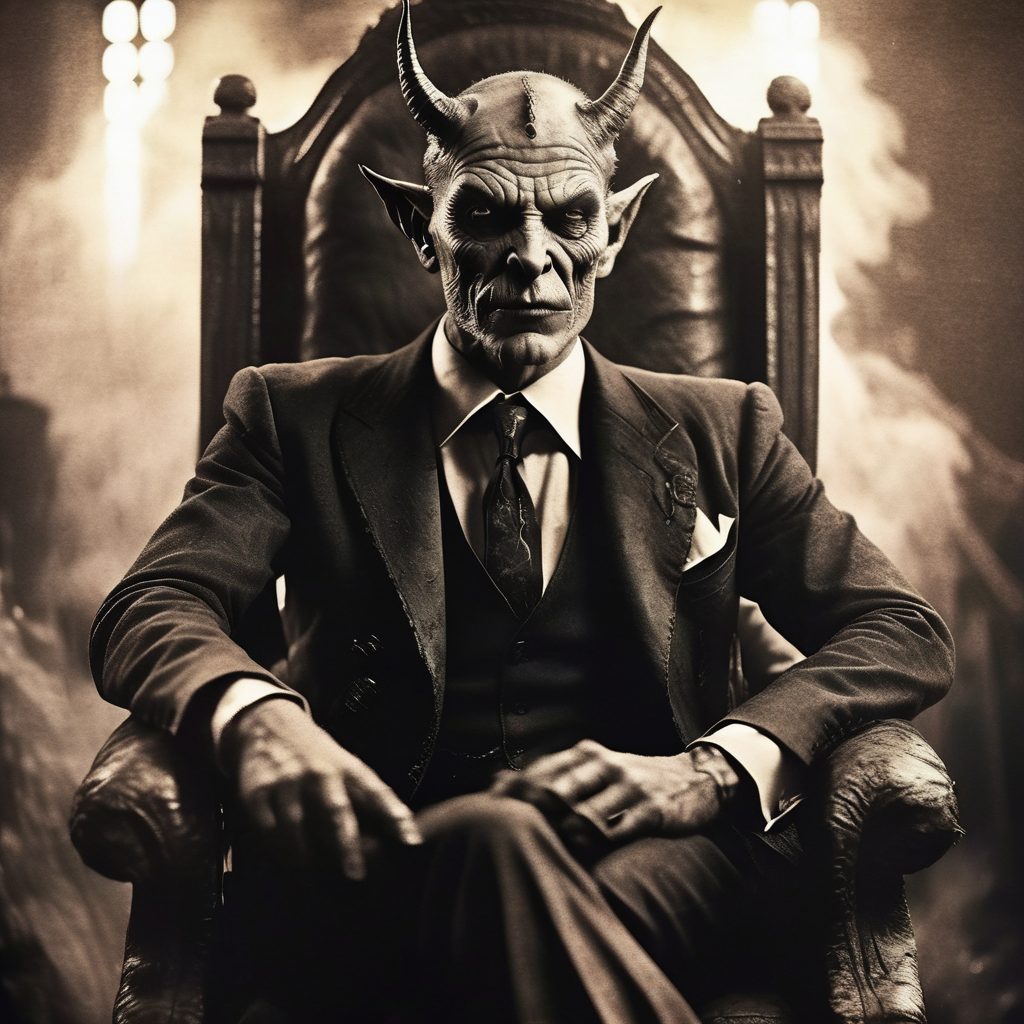 eldoria very expressive professional portrait of a male devil sitting on a hell throne, detailed, in a suit, ruins and smoke in the background, professional light, dark atmosphere, very realistic detail, cinematic<lora:eldoria:1>