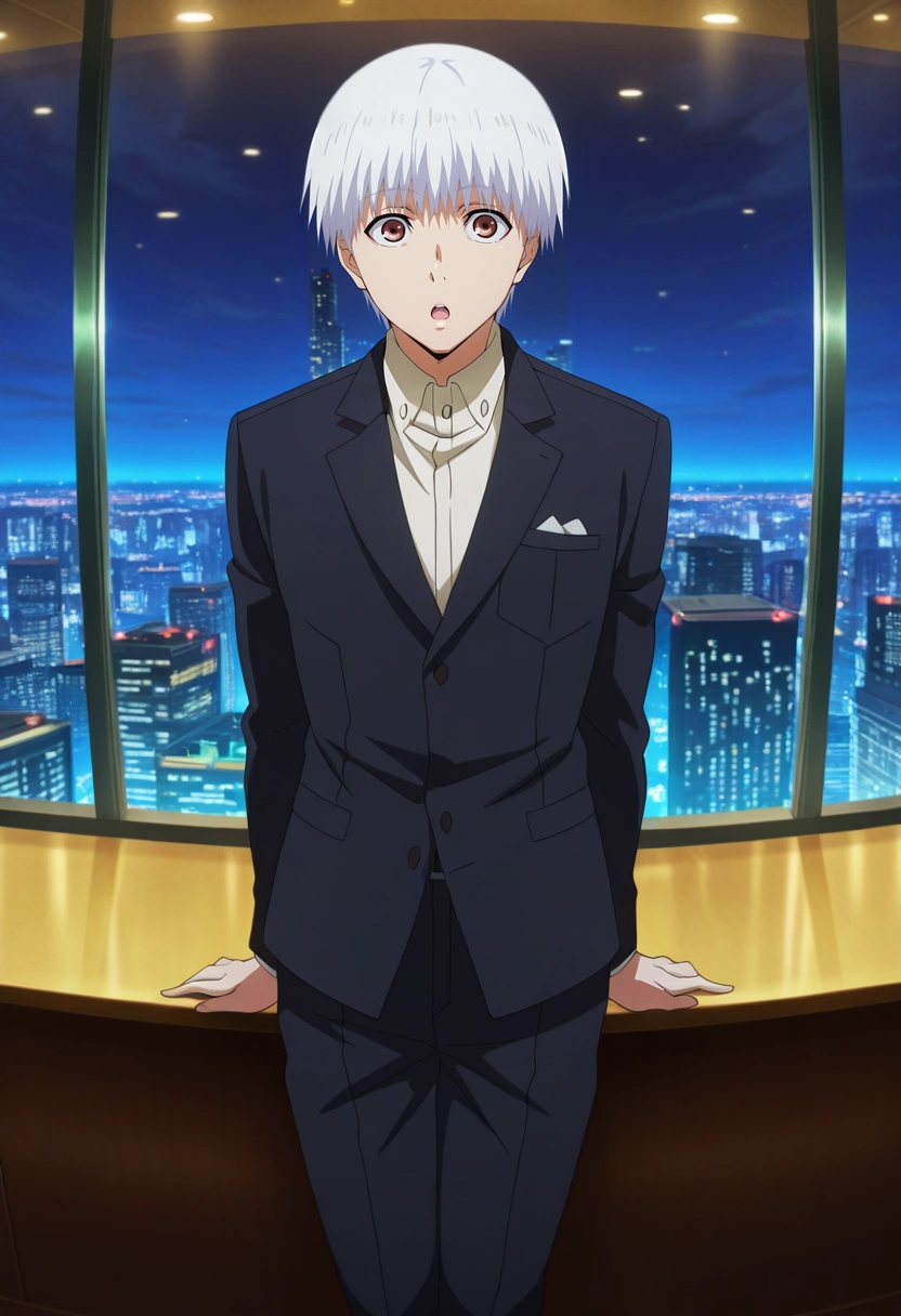 masterpiece, best quality, , anime screencap, , official style, , 1boy, solo, male focus, <lora:ken_kaneki_ilxl:1>, ken_kaneki, white hair, , short hair, bangs, , , , panorama, city, city lights, indoors, light, legs together, :o, suit jacket, snapback