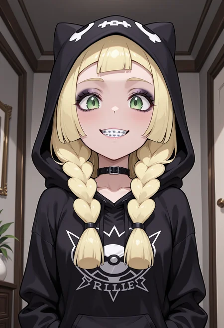 anime, masterpiece, best quality, detailed background, 8k, <lora:braces:1>, br4c3s, braces, lillie (pokemon), hoodie, goth girl, goth fashion, goth, makeup, indoor, mini short, blonde hair