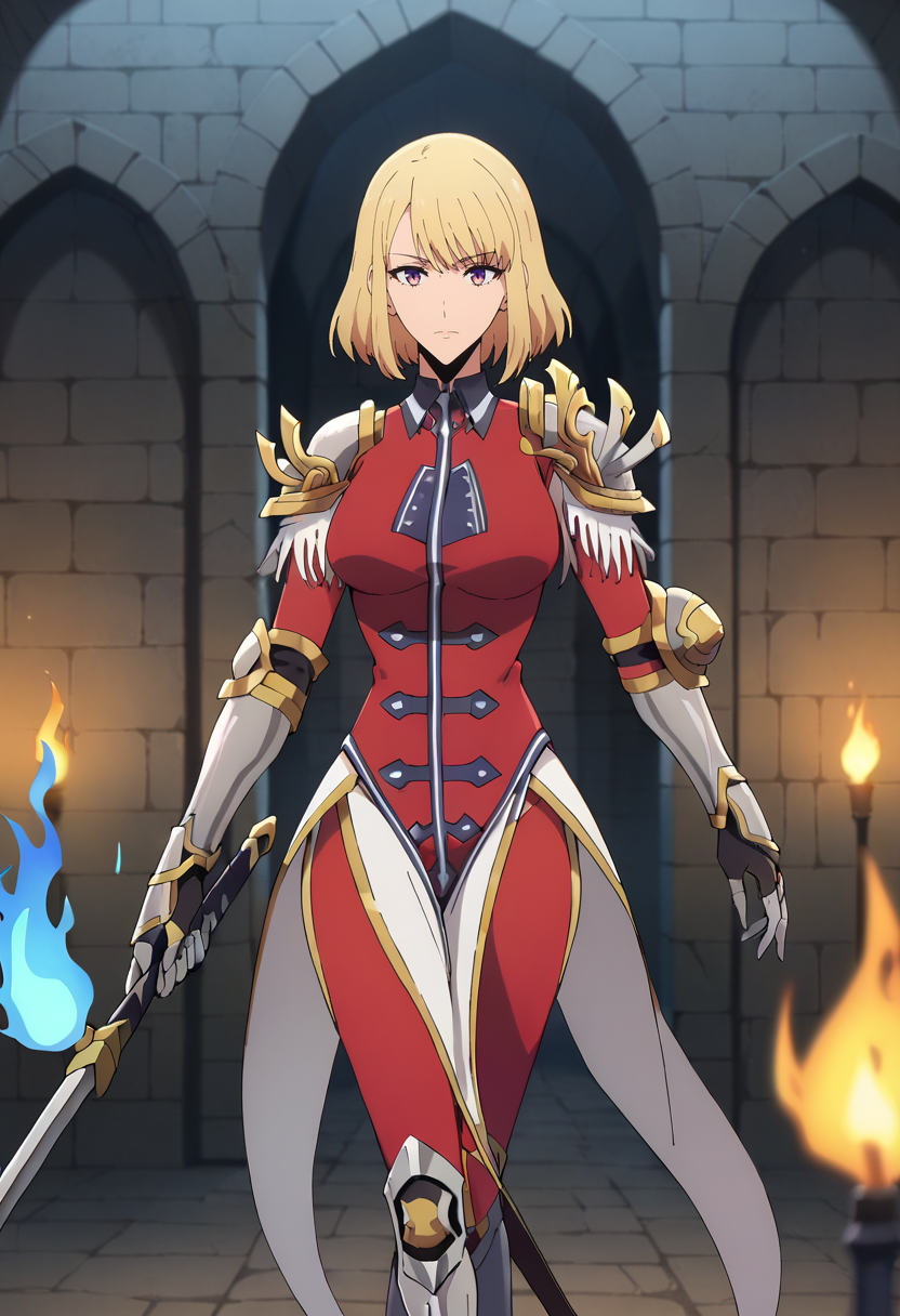 score_9, score_8_up, score_7_up,
<lora:SoloLeveling_ChaHae-InXL:0.8>, ChaHaeInSL,
1girl, solo, closed mouth,
blonde hair, medium hair, purple eyes,
ChaHaeInArmor, red bodysuit, shoulder armor, gauntlets, armored boots, military, pelvic curtain, holding sword,
(standing:1.2), looking at the viewer, crossed legs,
indoors, dungeon, stone wall, wall, stone, blurry background, (blue fire, torch:1.2)