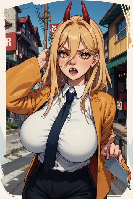 1girl, (solo:1.2), (masterpiece:1.2), (best quality:1.2)
<lora:Eigaka [MockAi - v1.0]:0.8> eigaka, (gigantic breasts:1.4), (bursting breasts:1.5), curvy, voluptuous, exaggerated proportions, tall woman, (revealing clothes:1.5),
(bust shot:1.5), (portrait shot:1.4), (attentive:1.2), <lora:Power [justTNP - v1.0]:1> power \(csm\), sharp teeth, symbol-shaped pupils, cross-shaped pupils, blonde hair, yellow eyes, blue jacket, collared shirt, black necktie, black pants, (small town street:1.2), medium size semi modern buildings, japanese small city, wending machine, car, (kanji:0.5), (katakana:0.5),