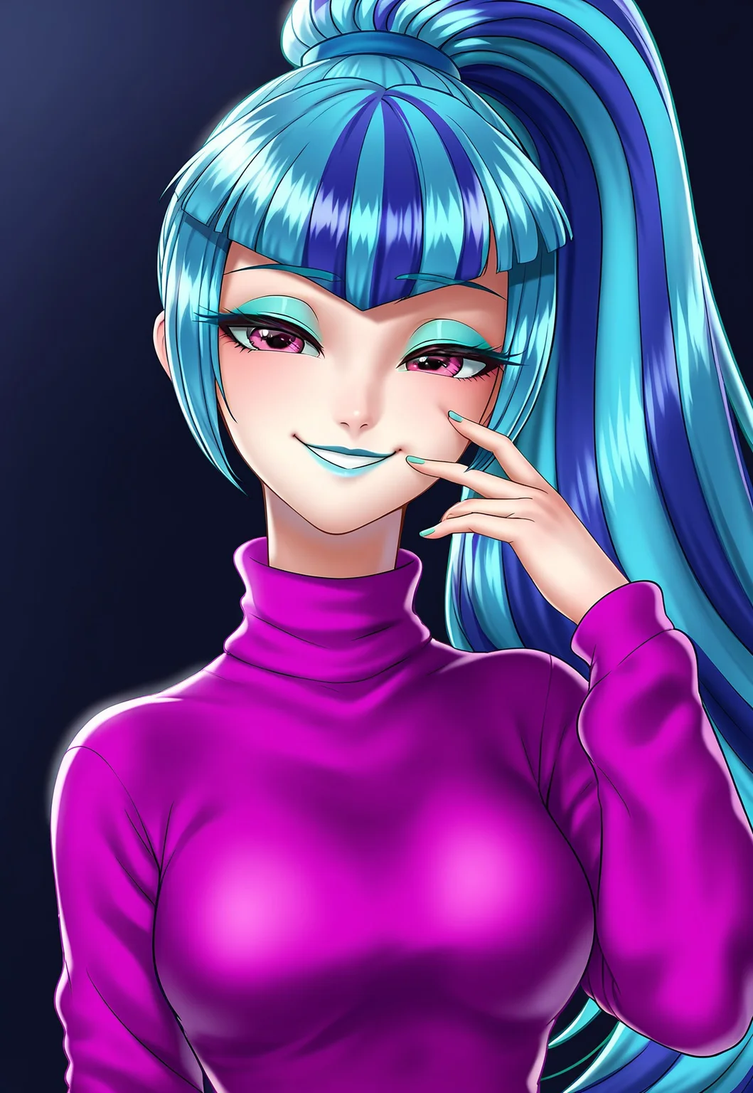 score_9, score_8_up, score_7_up BREAK sonata dusk, human, equestria girls, g4, bangs, breasts, clothes, eyeshadow, female, high ponytail, long sleeves, looking at you, passepartout, lipstick, ponytail, smiling, smiling at you, solo, stupid sexy sonata dusk, lidded eyes, sweater, turtleneck, racoonsan