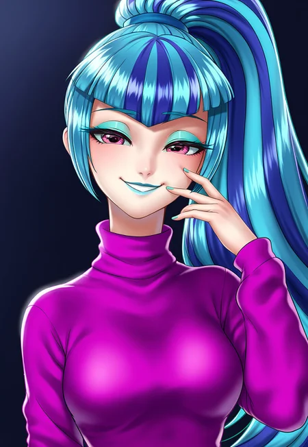 score_9, score_8_up, score_7_up BREAK sonata dusk, human, equestria girls, g4, bangs, breasts, clothes, eyeshadow, female, high ponytail, long sleeves, looking at you, passepartout, lipstick, ponytail, smiling, smiling at you, solo, stupid sexy sonata dusk, lidded eyes, sweater, turtleneck, racoonsan