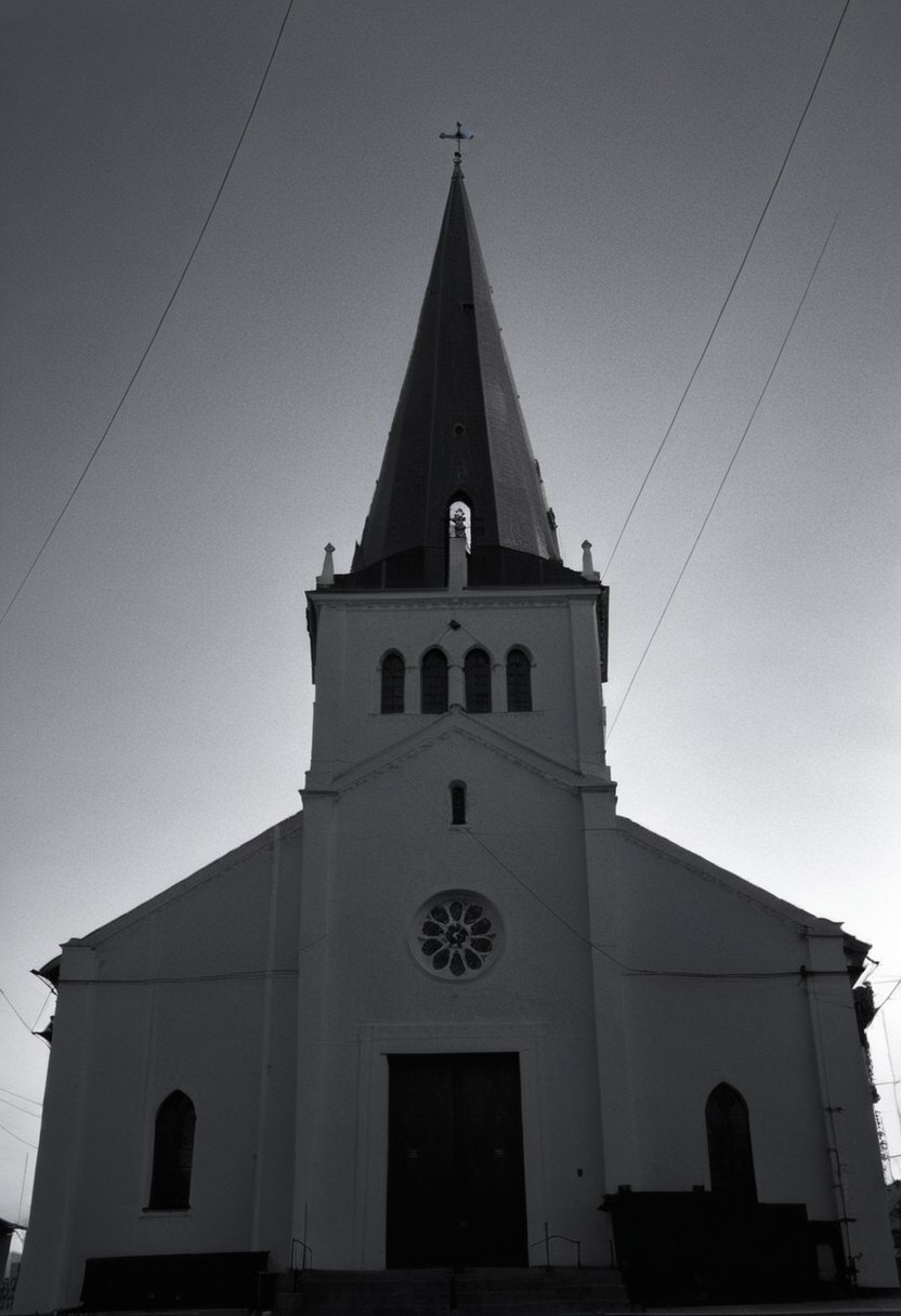 detailxl, 80sc1nemat1c5tyle, creamy bokeh, monochrome, BREAK, desecrated church in the distance
