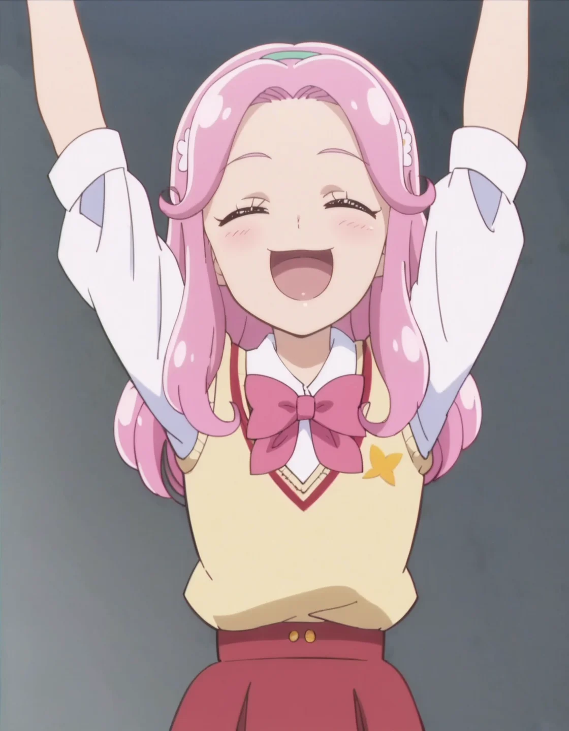 score_9, score_8_up, score_7_up, anime screencap, solo,1girl,hanamikotoha, closed eyes,pink hair,school uniform,pink bow,red skirt, hairband, sweater vest,arms up,open mouth,cowboy shot,smile,blush,looking at viewer,small breasts,<lora:hanamikotoha:0.8>