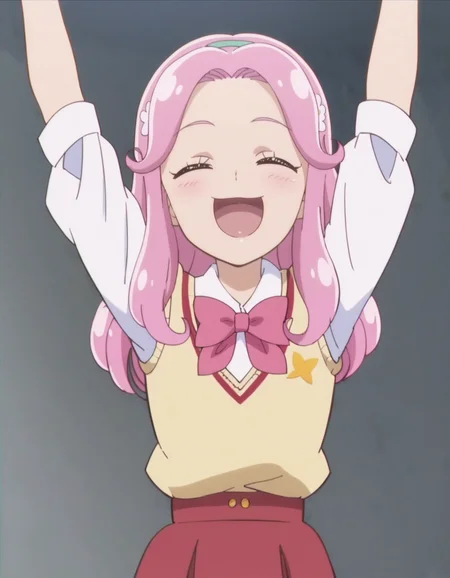 score_9, score_8_up, score_7_up, anime screencap, solo,1girl,hanamikotoha, closed eyes,pink hair,school uniform,pink bow,red skirt, hairband, sweater vest,arms up,open mouth,cowboy shot,smile,blush,looking at viewer,small breasts,<lora:hanamikotoha:0.8>