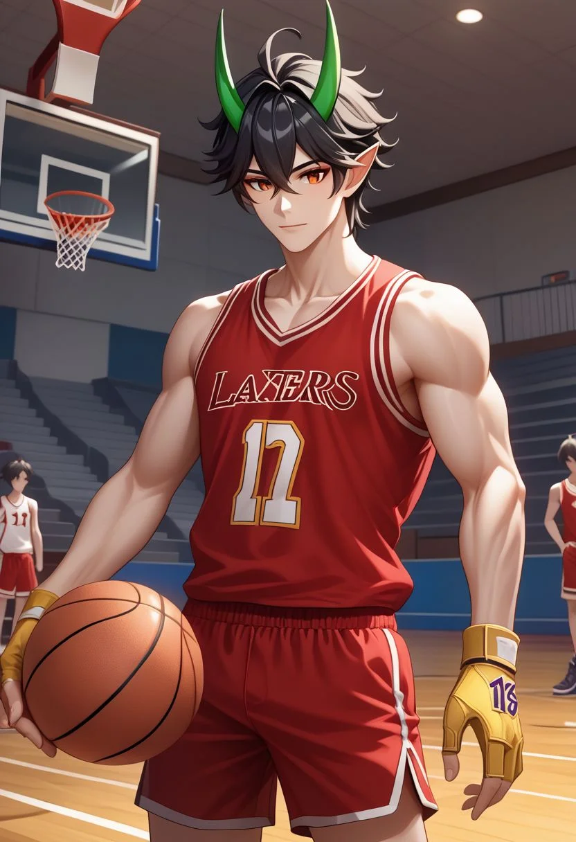 EnD_Niji_Sports, source_anime, dan_heng_\(honkai:_star_rail\), dan_heng_\(imbibitor_lunae\)_\(honkai:_star_rail\), 1boy, black hair, pointy ears, dragon horns, dragon boy, long hair, red eyeliner, fingerless gloves, hair between eyes, red tank top, sportswear, red shorts, yellow gloves, green horns ball, basketball, indoors, stadium, cowboy shot, BREAK PonyXLV6_Scores