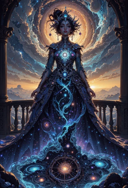 masterpiece, high-quality, A regal woman standing on a star-laden balcony, her gown woven from living constellations that ebb and flow like cosmic rivers. Far in the background, swirling galaxies merge with brilliant nebulae, framing her with an otherworldly glow. Soft cosmic light outlines her face and elaborate cosmic headdress, hyperdetailed, refined details, best quality, high resolution, <lora:FLUX\Anime v1.3:0.5> <lora:FLUX\MoriiMee_Gothic_Niji_Style_FLUX:0.6> <lora:FLUX\DarksunRiddV4:0.5> <lora:FLUX\PrismaticPersona:0.4>