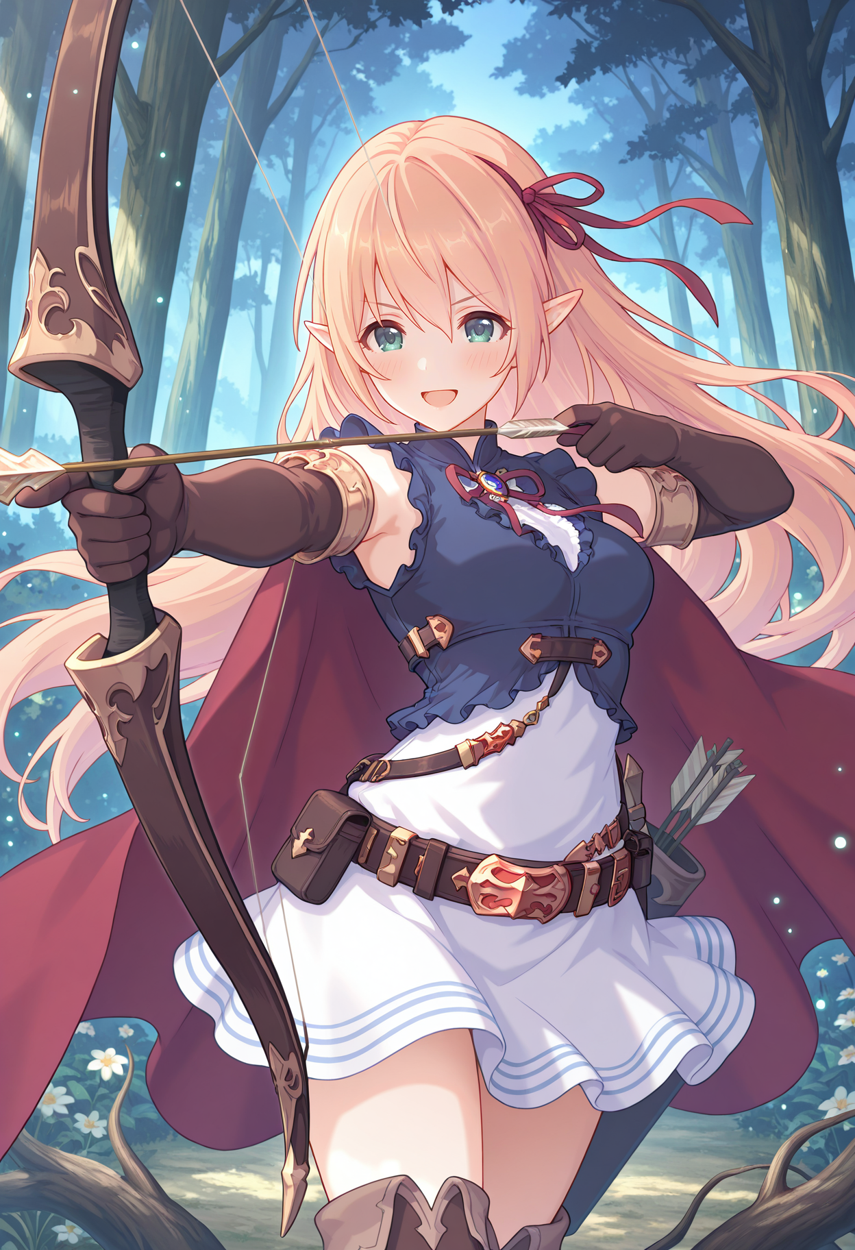 highres, best quality, masterpiece, outdoors, forest, light particles, flower, plant roots, 
1girl, solo, cygarisa, elf, long hair, blonde hair, pointy ears, green eyes, hair ribbon, red ribbon,
cyaridef, blue shirt, center frills, sleeveless shirt, high-waist skirt, white skirt, belt, belt buckle, elbow gloves, brown gloves, thigh boots, red cape, belt pouch,
serious, blush,
bow \(weapon\), arrow \(projectile\), holding bow \(weapon\), quiver, aiming,
princess connect!, official art, smile, open mouth, 
<lora:_arisa_shadowverse-elesico-ilxl-000014:1>