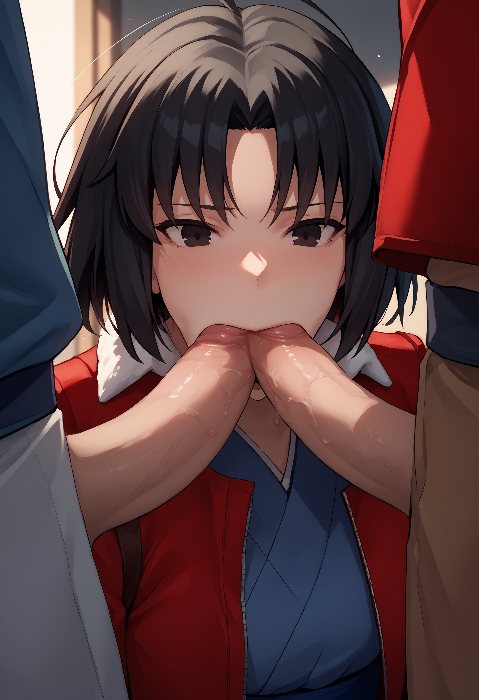 score_9, score_7_up, double oral, 1girl, 2boys <lora:Double Oral 3:1>    <lora:Shiki:1> ryougi shiki, short hair, black hair, black eyes,  red leather jacket, blue kimono, fur trim