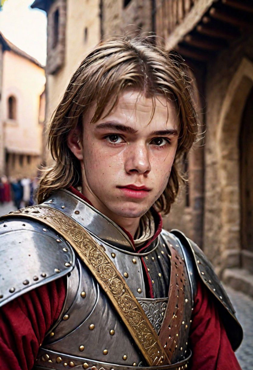 Portrait Photo a portrait, natural and hyperdetailed photography, a medieval soldier man 18-20 years old, in street  in medieval age, dark blonde very sorth hair,  looking straight to camera, sweaty, very accurate photo, suspiria, very detailed medieval soldier Clothes, crying , (dramatic:1.2) (precise image:1.4) , pale skin,(many details in background)(cinematic ambient:1.3)