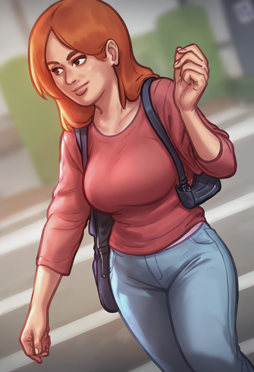 score_9, score_8_up, score_7_up, 1girl, mature_female, large_breasts, portrait, solo, Walking with one hand in the pocket, dutch_angle, (Orange-red Hanbok), Ginger hair, wide_shot, rating_safe, <lora:pony\artist_styles\darkcookie_pony:1.0>