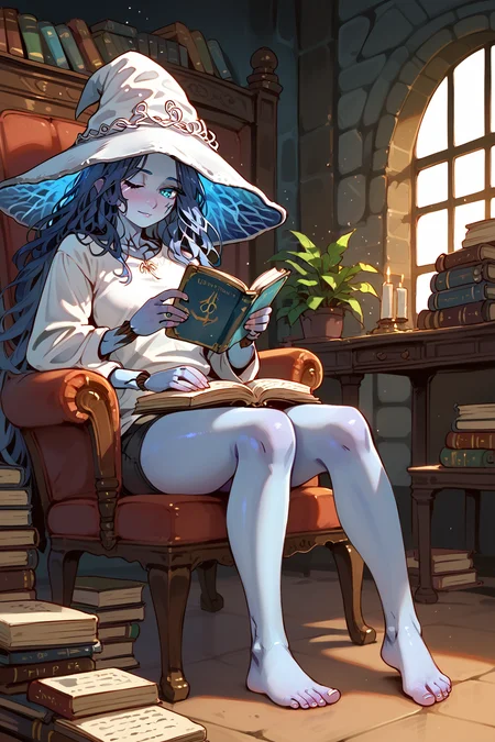 PDXL, source_anime, <lora:RanniV1:1>, r4nn1, ranni the witch \(elden ring\), ((four arms, blue skin)), doll, 1girl, cute face, detailed eyes,
sitting on a chair. white t-shirt, black shorts, reading a book, barefoot,
volumetric reflections, volumetric shadows, HDR, shot on Canon DSLR