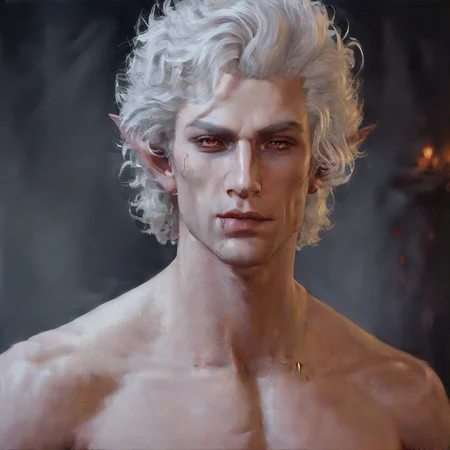 sexy nude young muscular man, curly white hair, vampire, elf, handsome man, astationxl, <lora:astationxl:0.85>, oil painting , (painting:1.5)