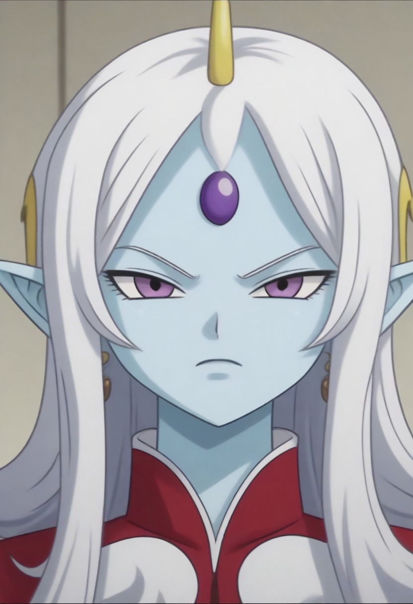 Masterpiece, Top Quality, source_anime, anime screencap, source_anime, auratheguillotine, anime screencap, masterpiece, source_anime, shiny skin,,,,towa(dragon ball), pointy ears, colored skin, blue skin, long hair, purple eyes,white hair, hair ornament, jewelry,