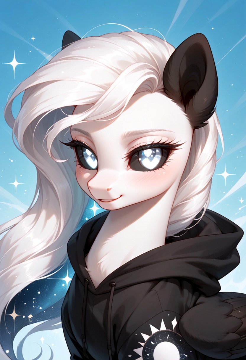 score_9, score_8_up, score_7_up, score_pony, zPDXL3, Albina, a mysterious albina girl with glowing white eyes and silky white hair, black sclera contrasting her pale skin, soft white fur accents, and sleek black ears. She has large, elegant black wings folded behind her, wearing an oversized dark hoodie with the hood pulled up, casting a shadow over her delicate features. Her expression is gentle and enigmatic, a faint blush coloring her cheeks. Captured from a high-angle view as she gazes upward, surrounded by a soft, ethereal glow, exuding a serene, otherworldly beauty in a quiet, dimly lit atmosphere.