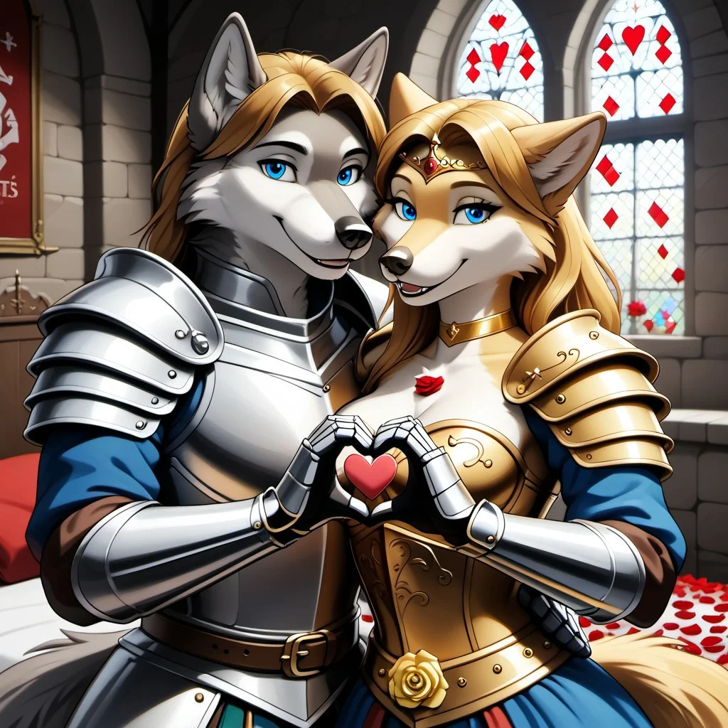 masterpiece, highres, super high resolution, anthro couple, female wolf, male wolf, voluptuous figure, long blond royal hair, golden fur, blue eyes, medium breasts, valentine theme, medieval castle, golden knight armor, golden circlet, leather belt, rose petals, golden choker, anthro on anthro, happy smile, window, narrowed eyes, hand-shaped heart, armored gloves,