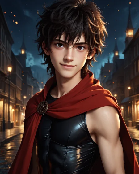 score_9, score_8_up, score_7_up, rating_questionable, intricately detailed,
<lora:homri52:1>,
<lora:Nico_Di_Angelo_Percy_Jackson_the_Olympians:0.8>, 1boy(Nico, Pale Skin, Black Hair, Messy Hair, Dark Brown Eyes, looking at the viewer, happy,
solo, red cloak, sleeveless tight bodysuit), outdoors, at night, darkness
,
highres,
detailed background, depth of field,
<lora:ral-chrosc-clr:0.7>, ral-chrosc-clr,
<lora:Expressive_H:0.5>, Expressiveh,
<lora:xl_more_art-full_v1:0.3>,
<lora:add-detail-xl:0.3>