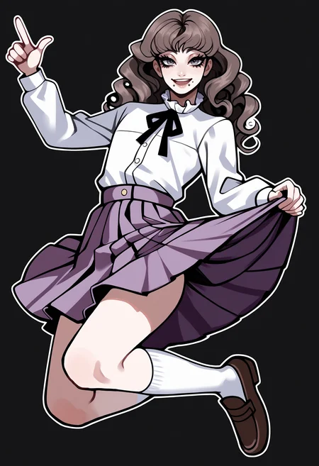 score_9, score_8_up, score_7_up, score_6_up, score_5_up, score_4_up,
BREAK
1boy, otoko no ko, femboy, trap, marina funger, dark brown hair, wavy hair, curly hair, dark grey eyes, long eyelashes, mole under mouth, mouth piercing, black neck ribbon, happy, smile,
BREAK
solo, white shirt, purple skirt, long skirt, skirt lift, white socks, brown loafers, jumping, pointing up,
BREAK
black background, simple background, dynamic pose, dark, <lora:Lunas-2n5-Artist-SDXL-A1:1> <lora:Lunas-Marina-Funger-SDXL-A2-000004:1>