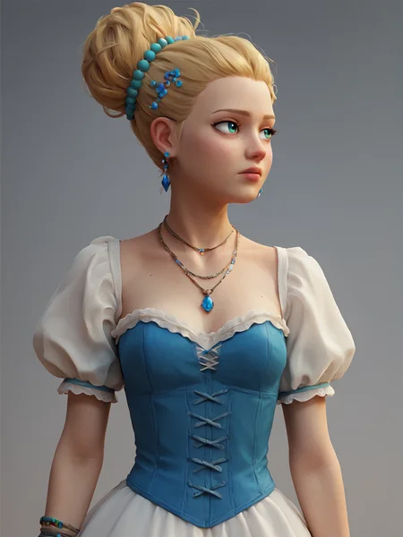score_9, score_8_up, score_7_up,  score_6_up, BREAK, Goldilocks, blonde hair, hair ornament, hair bun, earrings, blue corset, necklace, puffy short sleeves, bracelet, <lora:Goldilocks:0.5>