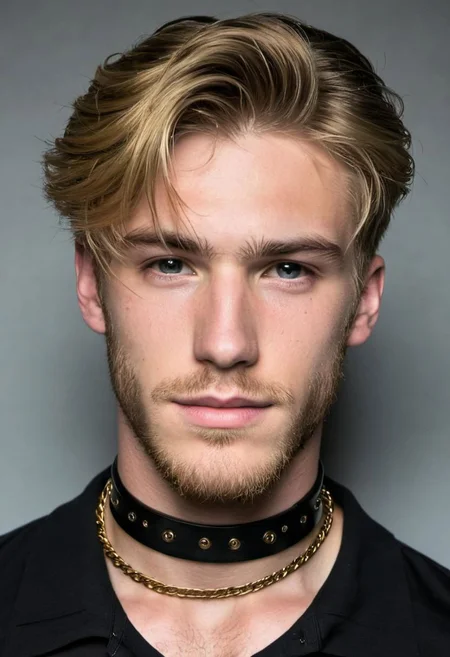 kyle ross, male focus, a handsome 19yo blonde twink, close up of face, close up of upper body, dynamic posture, dramatic angle, camera angle from below, shirtless, beard, trimmed beard, scruffy beard, hands on hip, black dog collar, black neck collar, long chain necklace, kinky,
skinny muscled, slender muscled, skinny, slender features, narrow shoulders, detailed armband tattoo, cute face, boyish face, perfect biceps, bicep veins, bulging veins, defined veins, great pecs, thin waist, angular face, strong and powerful, sporty, predatory look, feathered hair, long hair, shoulder length hair, great detail, satisfaction, blue eyes, bubble butt, small ass, small butt, tight shorts,
(Masterpiece, high quality:1.3), masterpiece, depth of field, bokeh, detailed, homoerotic, (homoerotic), highly detailed, sharp focus, intricate, smooth, elegant, fantasy, cinematic lighting, cinematic, masterpiece, matte, photorealistic, 4k, beautiful, volumetric lighting, dramatic, photo-realistic, life-like, high detail, lighting, 8Knematic lighting, 8K, contrast lighting, contrasting lighting, cinematic lighting,