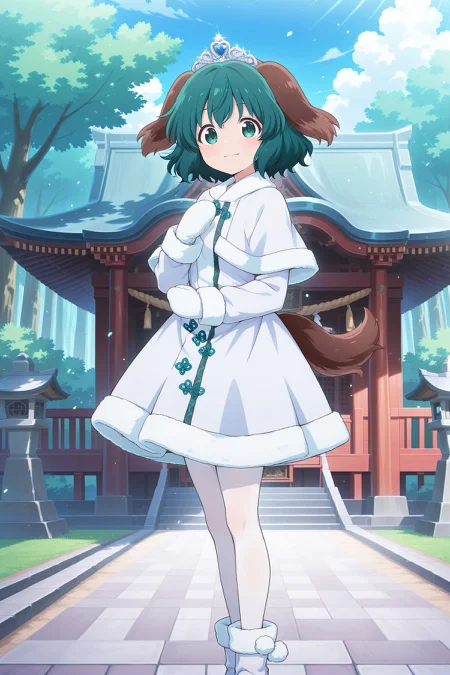 absurdres, highres, masterpiece, best quality, amazing quality, official anime artwork, screencap, anime screencap, outdoors, looking at viewer, light smile, dynamic pose, 
 <lora:Kyouko-Kasodani_Illustrious:1> kasodani kyouko, 1girl, solo, green eyes, green hair, medium hair, dog ears, dog tail,, alternate costume, tiara, white capelet, fur-trimmed capelet, pom pom (clothes), white dress, fur-trimmed dress, fur-trimmed sleeves, long sleeves, white pantyhose, white boots, fur-trimmed boots, white mittens,
shrine, day, from the side,