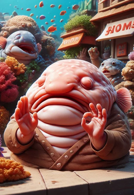 score_9, score_8_up, score_7_up, pachameme, hands up, ok sign, closed eyes, bl0bf1sh, fish, fish market background