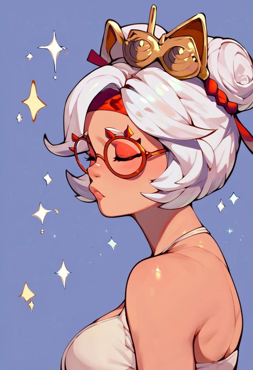 score_9, score_8_up, score_7_up, score_6_up, score_5_up, score_4_up, purah, hair ornament, red headband, red glasses, cute, side view, :3, sparkles, cat ears, closed eyes, head patting