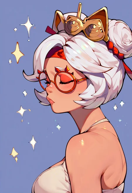 score_9, score_8_up, score_7_up, score_6_up, score_5_up, score_4_up, purah, hair ornament, red headband, red glasses, cute, side view, :3, sparkles, cat ears, closed eyes, head patting