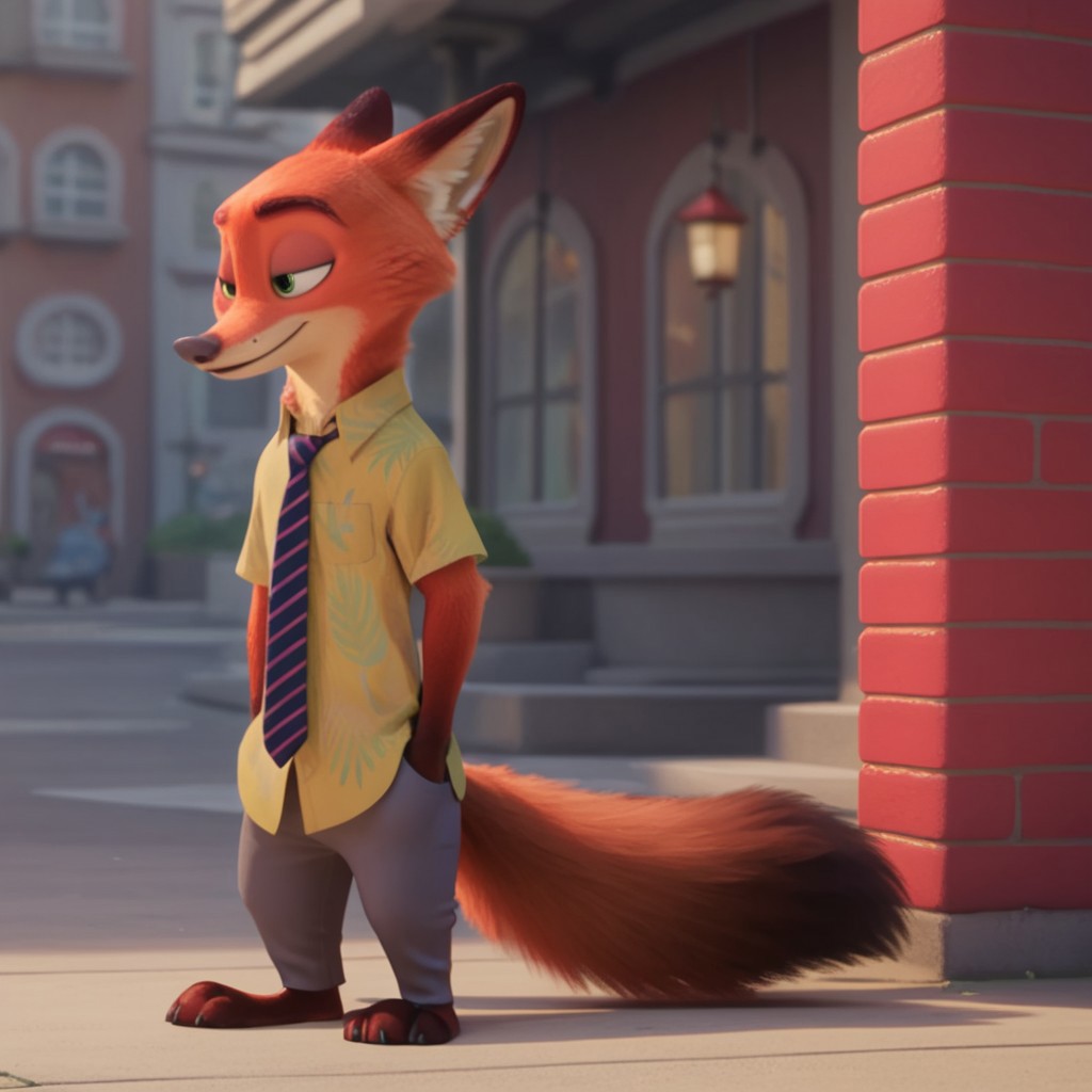 score_9, score_8_up, score_7_up, score_6_up, score_5_up, score_4_up, source_furry, WildeNickzt, anthro, male, fox, orange fur, green eyes, green Hawaiian shirt, striped necktie, khaki pants, standing, street corner