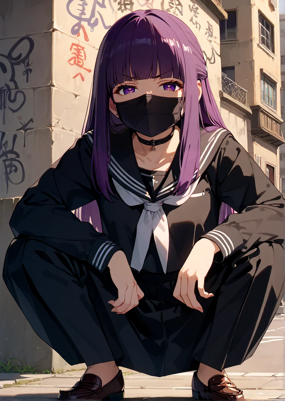 score_9,score_8_up,score_7_up,score_6_up,score_5_up,score_4_up,source_anime,best quality,masterpiece,
<lora:fern-s1-ponyxl-lora-nochekaiser:1>,fern,
1girl,solo,long hair,bangs,purple eyes,purple hair,sidelocks,blunt bangs,black mask,mouth mask,
black serafuku,long sleeves,long skirt,loafers,
outdoors,street,wall,graffiti,
<lora:slav_squatting_pony_v1:1>,slav_squatting,squatting,
looking at viewer,half-closed eyes,angry,frown,glaring,