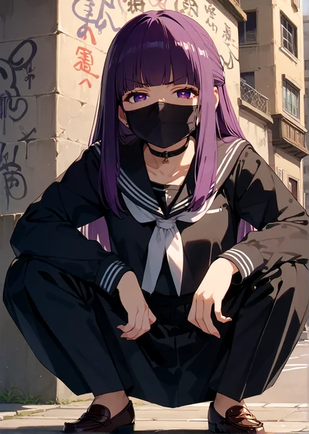 score_9,score_8_up,score_7_up,score_6_up,score_5_up,score_4_up,source_anime,best quality,masterpiece,
<lora:fern-s1-ponyxl-lora-nochekaiser:1>,fern,
1girl,solo,long hair,bangs,purple eyes,purple hair,sidelocks,blunt bangs,black mask,mouth mask,
black serafuku,long sleeves,long skirt,loafers,
outdoors,street,wall,graffiti,
<lora:slav_squatting_pony_v1:1>,slav_squatting,squatting,
looking at viewer,half-closed eyes,angry,frown,glaring,
