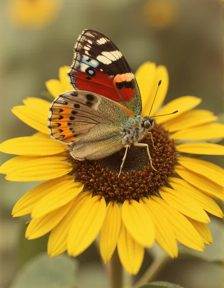 OldJapan style close-up photo of a butterfly sitting on a sunflower