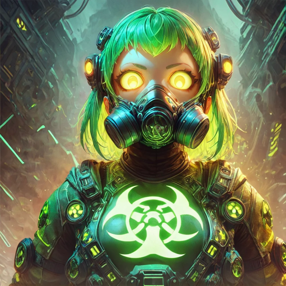score_9, score_8_up, score_7_up,
<lora:nuclearhazard_Pony:0.8>nuclearhazard,
girl,solo,,see-trought clothes,glowing eyes,short glowing bright green hair,front view,simetric,eye focus,gasmask on mouth