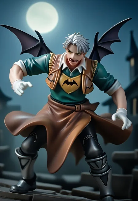 score_9, score_8_up, score_7_up, score_6_up, score_5_up, score_4_up, nbcstyle, (horror theme:1.3), 1boy, toned male, (muscular:0.7), natgra, steel greaves, brown skirt, black pants, green shirt, leather vest, silver belts, white gloves, silver hair, night, moon, dark lighting, stone bridge, (bats:2)