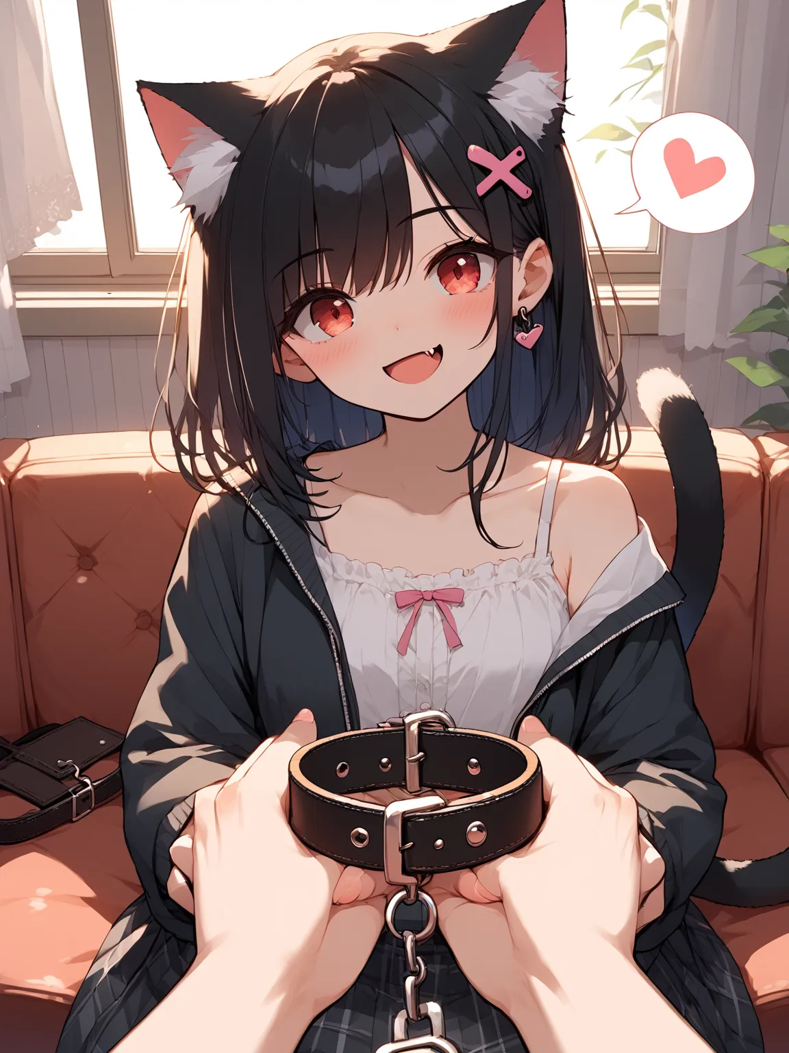 1girl, 
(collar on her palms, grab collar), collar, holding,
(pov), (cat ear),(cat red eyes), (cat tail ornament, ring),(head tilt), (black hair:1.5), (x hairpin),(fang), gothic jacket, (spoken heart:1.5), smile, (happy), kind, blush, collarbone, looking at viewer, sitting on sofa, in room, score_9, score_8_up, score_7_up, source_anime, rating_explicit, best quality, masterpiece, uncensored
<lora:collar4u-v3-pony-000010:1>
