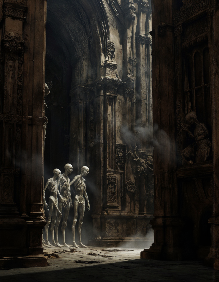 Art by Col Price & Arthur Yuan.
A dark, eerie scene from a low angle, depicting a group of skeletal figures standing in a dimly lit, ruined cathedral. the scene is set in a dark, gothic cathedral with tall, ornate stone columns and intricate carvings, casting shadows on the stone walls. the figures are standing close together, facing the viewer, with their heads turned towards the right side of the image. the atmosphere is eerie and foreboding, with a foggy, misty atmosphere surrounding them. the lighting is dim and diffused, creating a moody ambiance. the overall mood is dark and moody, with the shadows and textures blending together to create a sense of depth and dimensionality.