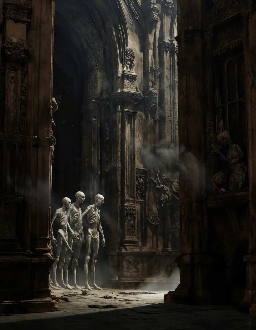 Art by Col Price & Arthur Yuan.
A dark, eerie scene from a low angle, depicting a group of skeletal figures standing in a dimly lit, ruined cathedral. the scene is set in a dark, gothic cathedral with tall, ornate stone columns and intricate carvings, casting shadows on the stone walls. the figures are standing close together, facing the viewer, with their heads turned towards the right side of the image. the atmosphere is eerie and foreboding, with a foggy, misty atmosphere surrounding them. the lighting is dim and diffused, creating a moody ambiance. the overall mood is dark and moody, with the shadows and textures blending together to create a sense of depth and dimensionality.