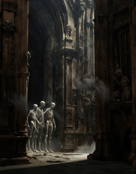 Art by Col Price & Arthur Yuan.
A dark, eerie scene from a low angle, depicting a group of skeletal figures standing in a dimly lit, ruined cathedral. the scene is set in a dark, gothic cathedral with tall, ornate stone columns and intricate carvings, casting shadows on the stone walls. the figures are standing close together, facing the viewer, with their heads turned towards the right side of the image. the atmosphere is eerie and foreboding, with a foggy, misty atmosphere surrounding them. the lighting is dim and diffused, creating a moody ambiance. the overall mood is dark and moody, with the shadows and textures blending together to create a sense of depth and dimensionality.