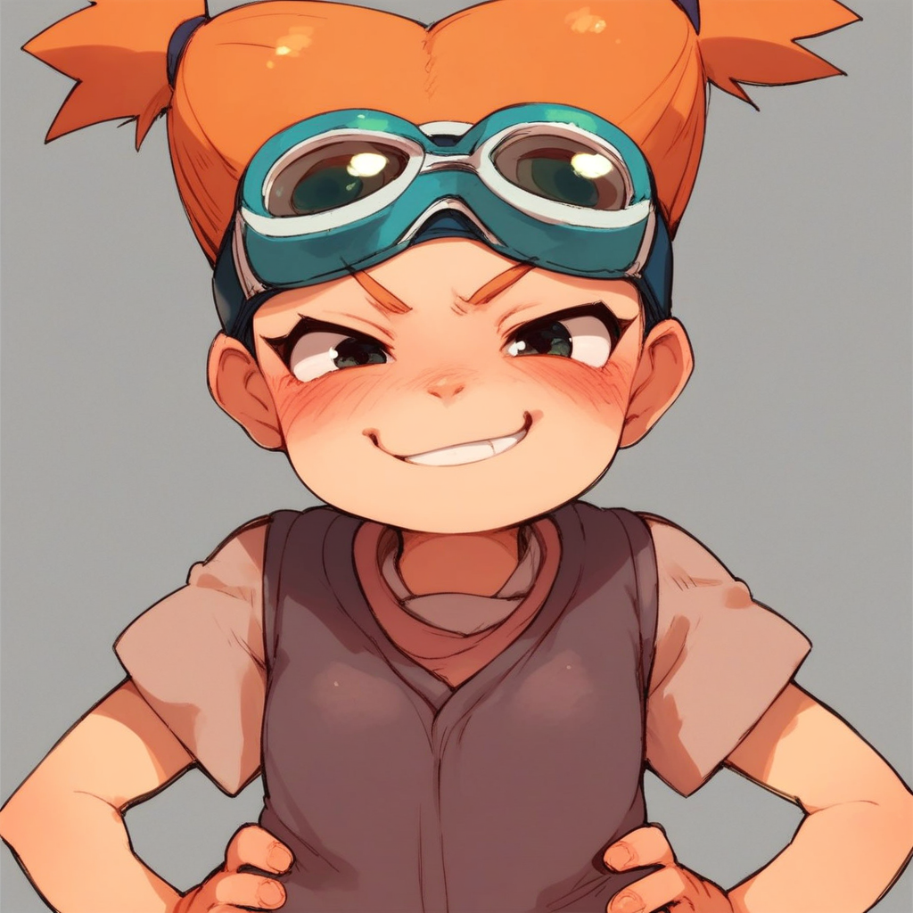score_7, score_8, score_9, 1girl, moegi, orange hair, twintails, goggles, blush, hands on hips, small body, smirk, cute, petite,