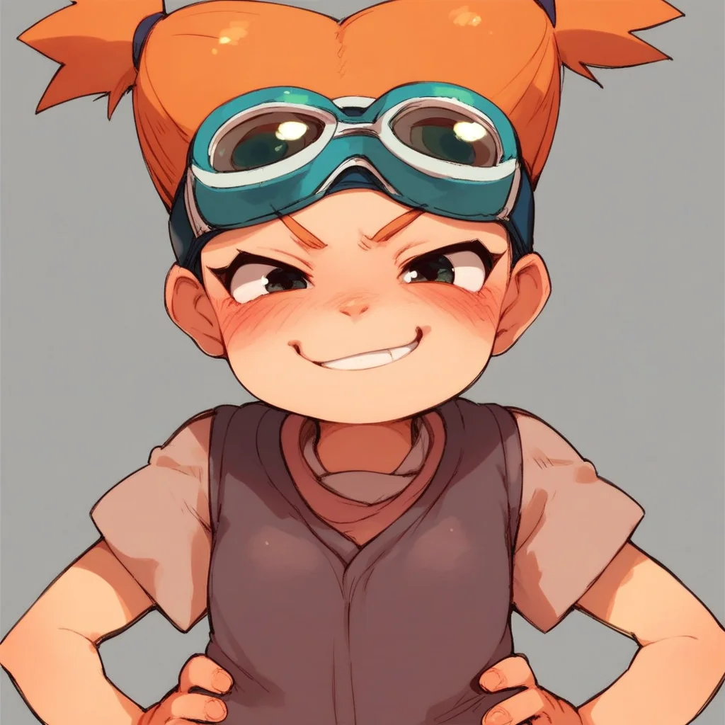 score_7, score_8, score_9, 1girl, moegi, orange hair, twintails, goggles, blush, hands on hips, small body, smirk, cute, petite,