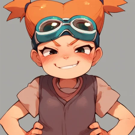 score_7, score_8, score_9, 1girl, moegi, orange hair, twintails, goggles, blush, hands on hips, small body, smirk, cute, petite,