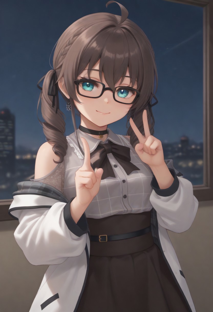 1girl, solo, solo focus, highres, absurdres, MatsuriMineGirl, brown hair, bangs, grey shirt, ahoge, twintails, black ribbon, black choker, hair between eyes, hair ribbon, brown skirt, shoulder cutout, collared shirt, flower earrings, black bowtie, blue eyes, white jacket, see-through sleeves, lace sleeves, plaid shirt, high-waist skirt, puffy short sleeves, medium hair, open jacket, small breasts, long sleeves, drill hair, black-framed eyewear, braid,
looking at viewer, evil smile, closed mouth, head tilt, double v,
indoor, cityscape, neon lights, window, dark, night, night sky, 
light particles, backlighting, shade, light rays, lens flare, shiny skin, fine fabric emphasis,