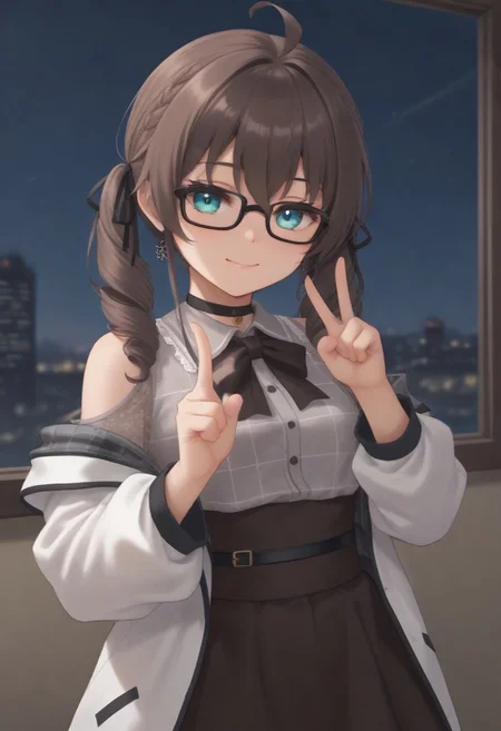 1girl, solo, solo focus, highres, absurdres, MatsuriMineGirl, brown hair, bangs, grey shirt, ahoge, twintails, black ribbon, black choker, hair between eyes, hair ribbon, brown skirt, shoulder cutout, collared shirt, flower earrings, black bowtie, blue eyes, white jacket, see-through sleeves, lace sleeves, plaid shirt, high-waist skirt, puffy short sleeves, medium hair, open jacket, small breasts, long sleeves, drill hair, black-framed eyewear, braid,
looking at viewer, evil smile, closed mouth, head tilt, double v,
indoor, cityscape, neon lights, window, dark, night, night sky, 
light particles, backlighting, shade, light rays, lens flare, shiny skin, fine fabric emphasis,